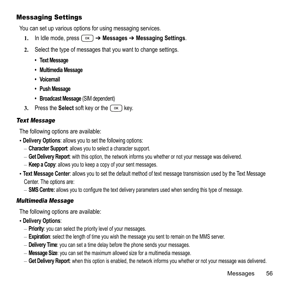 Messaging settings | Samsung A847M User Manual | Page 63 / 140