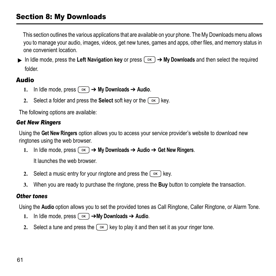 Section 8: my downloads, Audio | Samsung A847M User Manual | Page 68 / 140