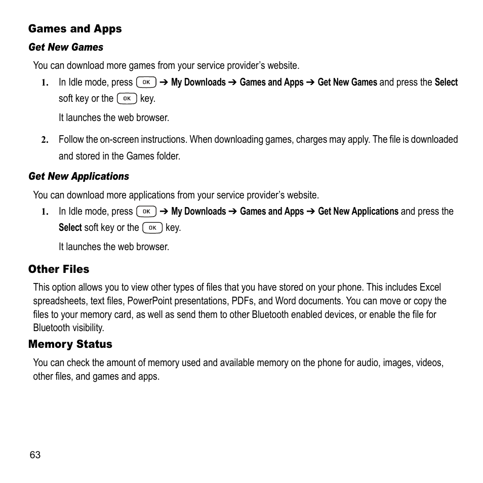 Games and apps, Other files memory status | Samsung A847M User Manual | Page 70 / 140