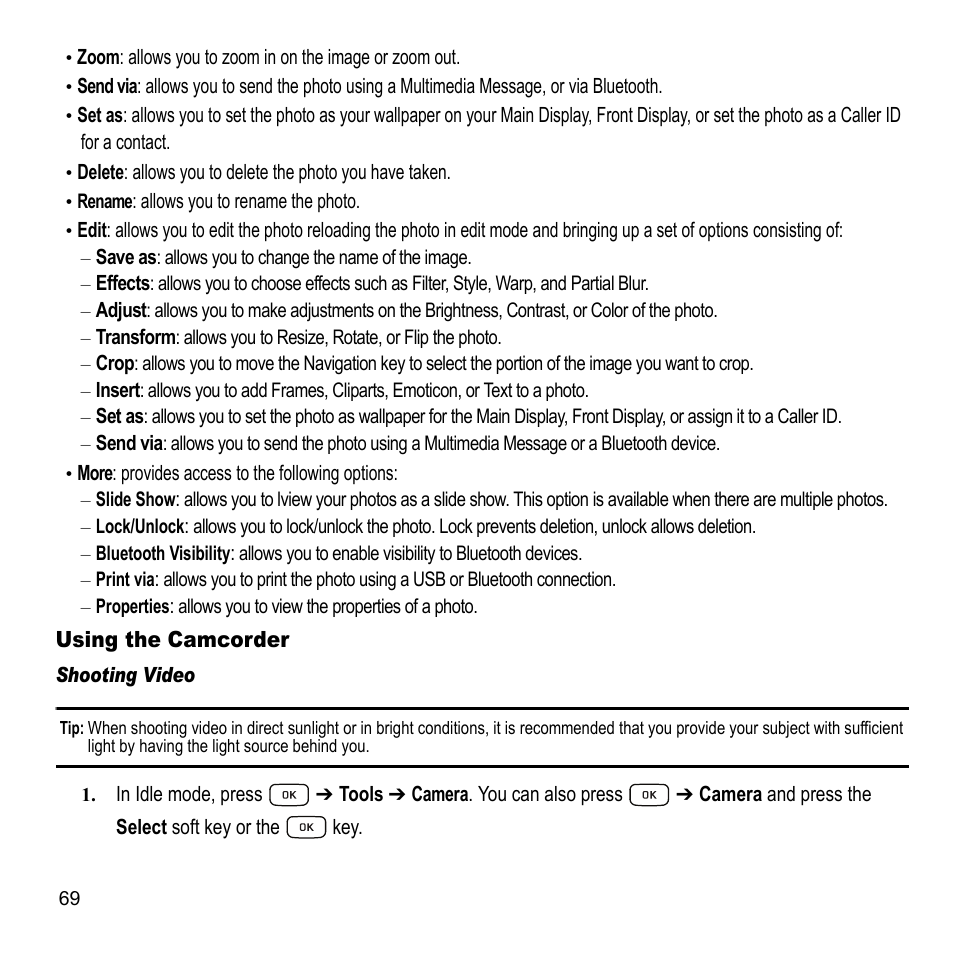 Using the camcorder | Samsung A847M User Manual | Page 76 / 140