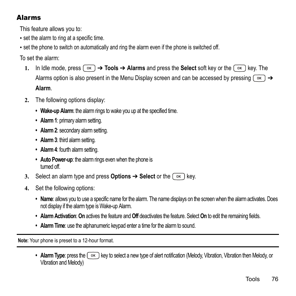Alarms | Samsung A847M User Manual | Page 83 / 140