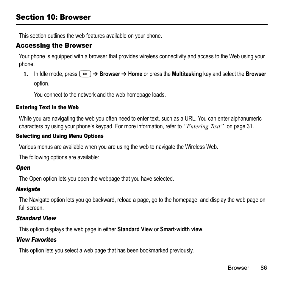Section 10: browser, Accessing the browser | Samsung A847M User Manual | Page 93 / 140