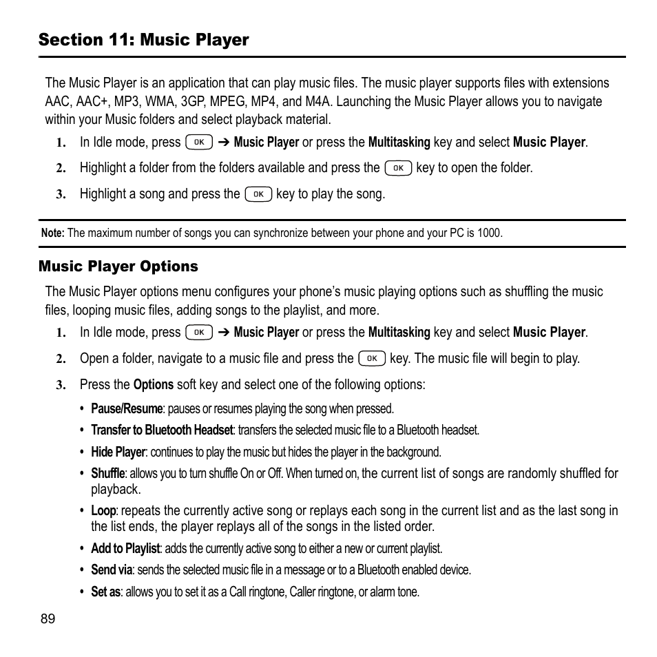 Section 11: music player, Music player options | Samsung A847M User Manual | Page 96 / 140
