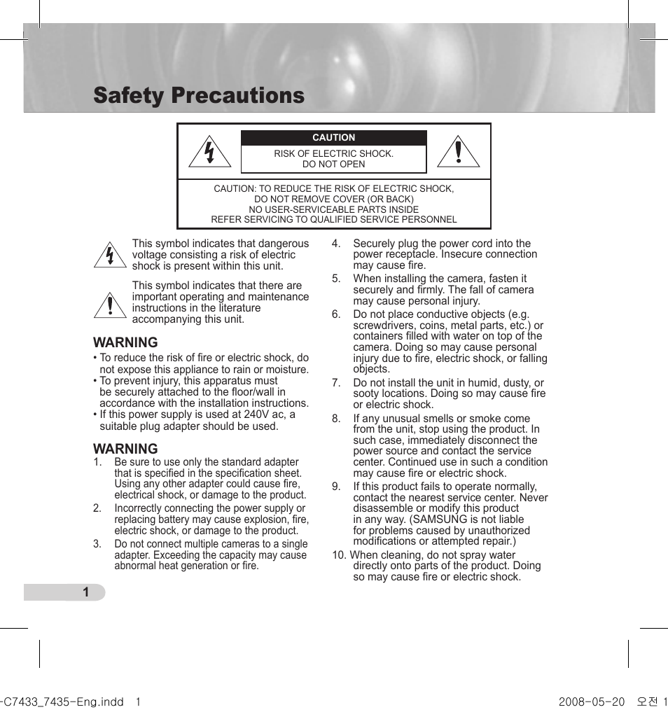 Safety precautions, Warning | Samsung SCC-C7435(P) User Manual | Page 2 / 82