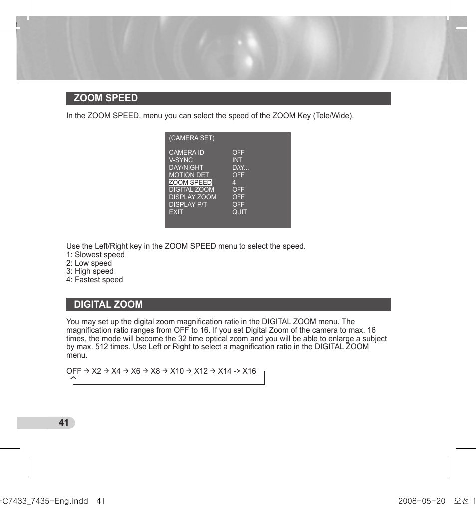 Zoom speed, Digital zoom | Samsung SCC-C7435(P) User Manual | Page 42 / 82
