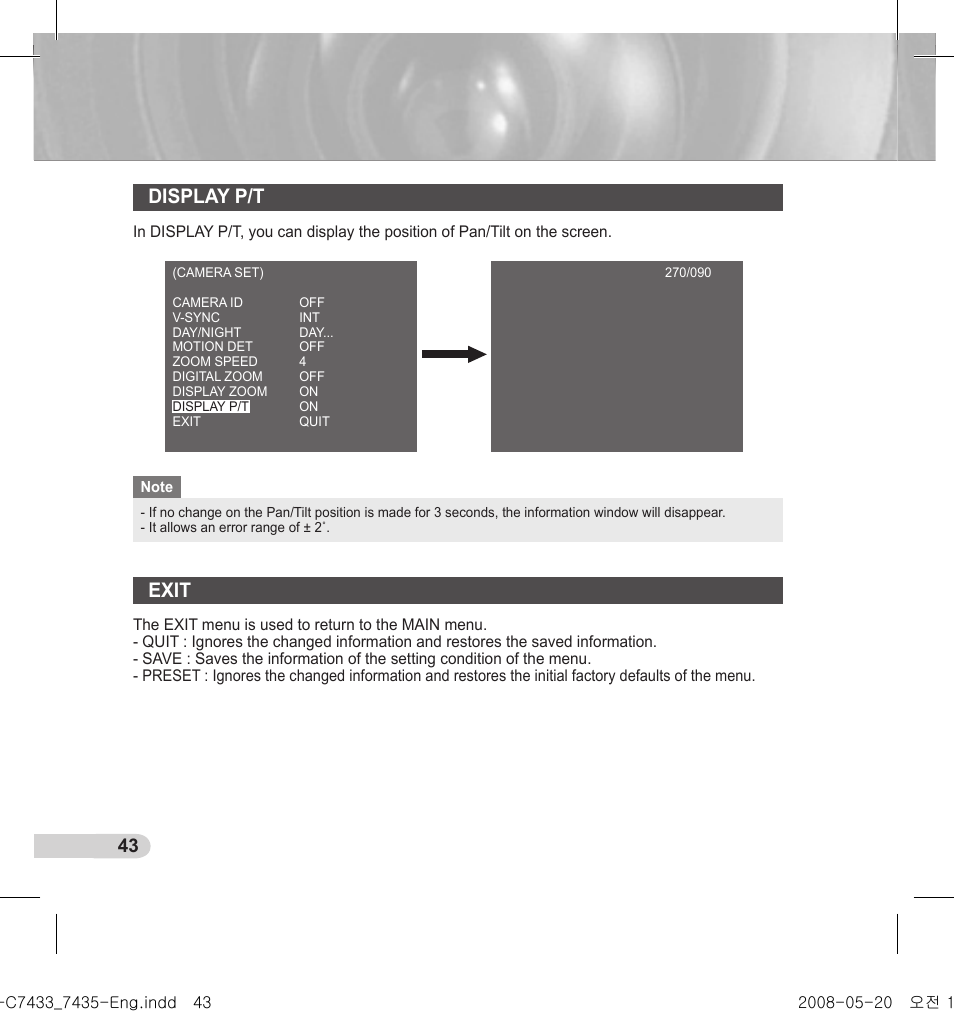 Display p/t, Exit | Samsung SCC-C7435(P) User Manual | Page 44 / 82