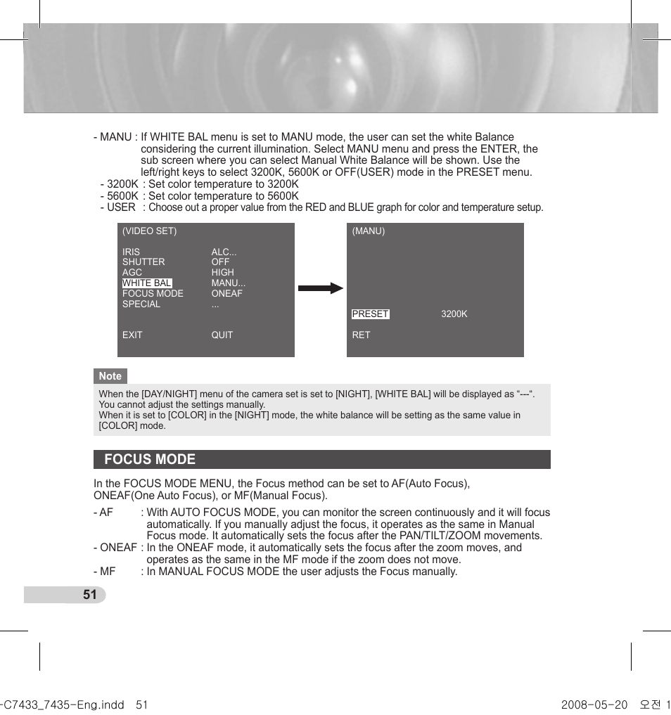 Focus mode | Samsung SCC-C7435(P) User Manual | Page 52 / 82