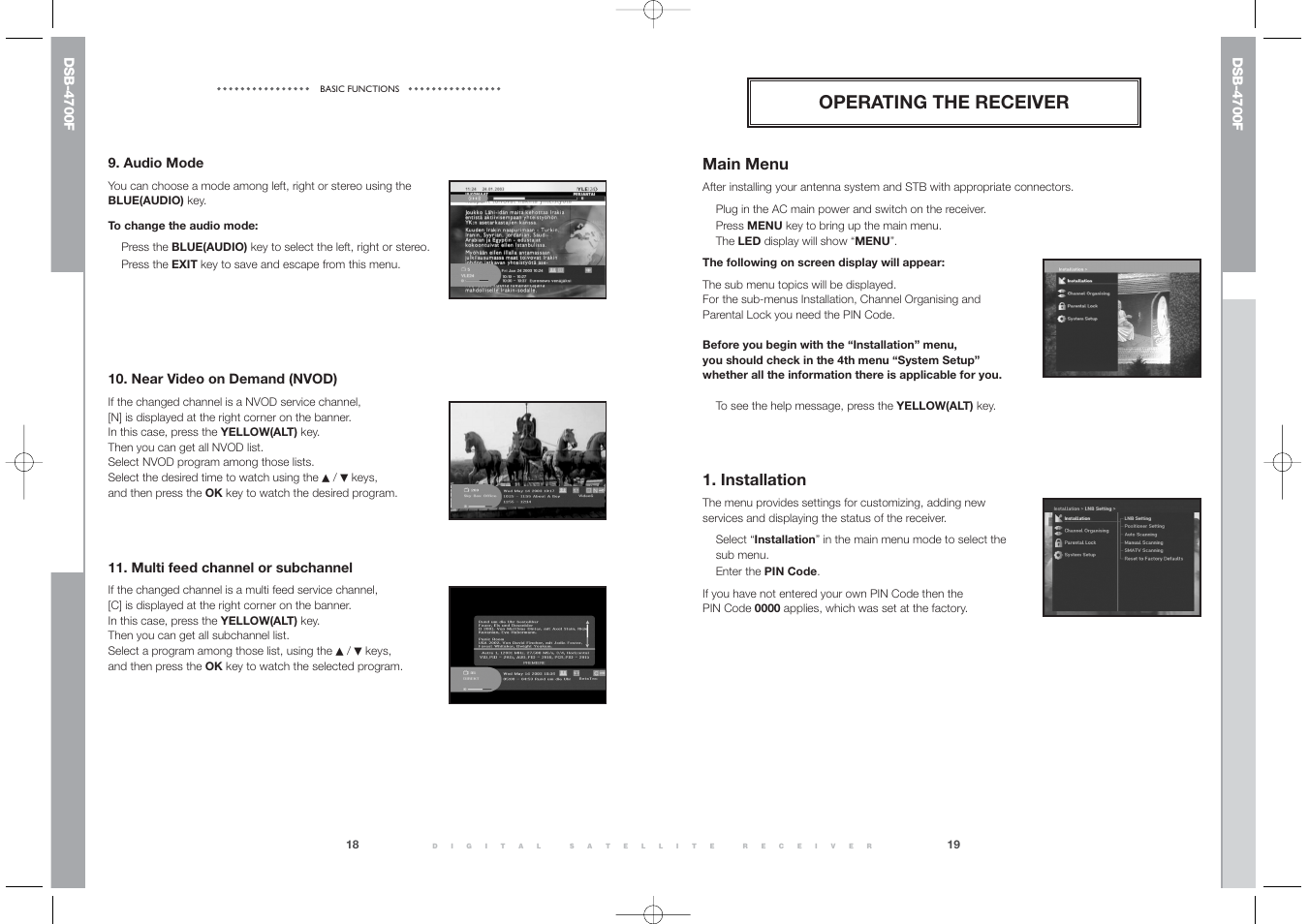 Operating the receiver, Main menu, Installation | Samsung DSB-4700F User Manual | Page 11 / 22