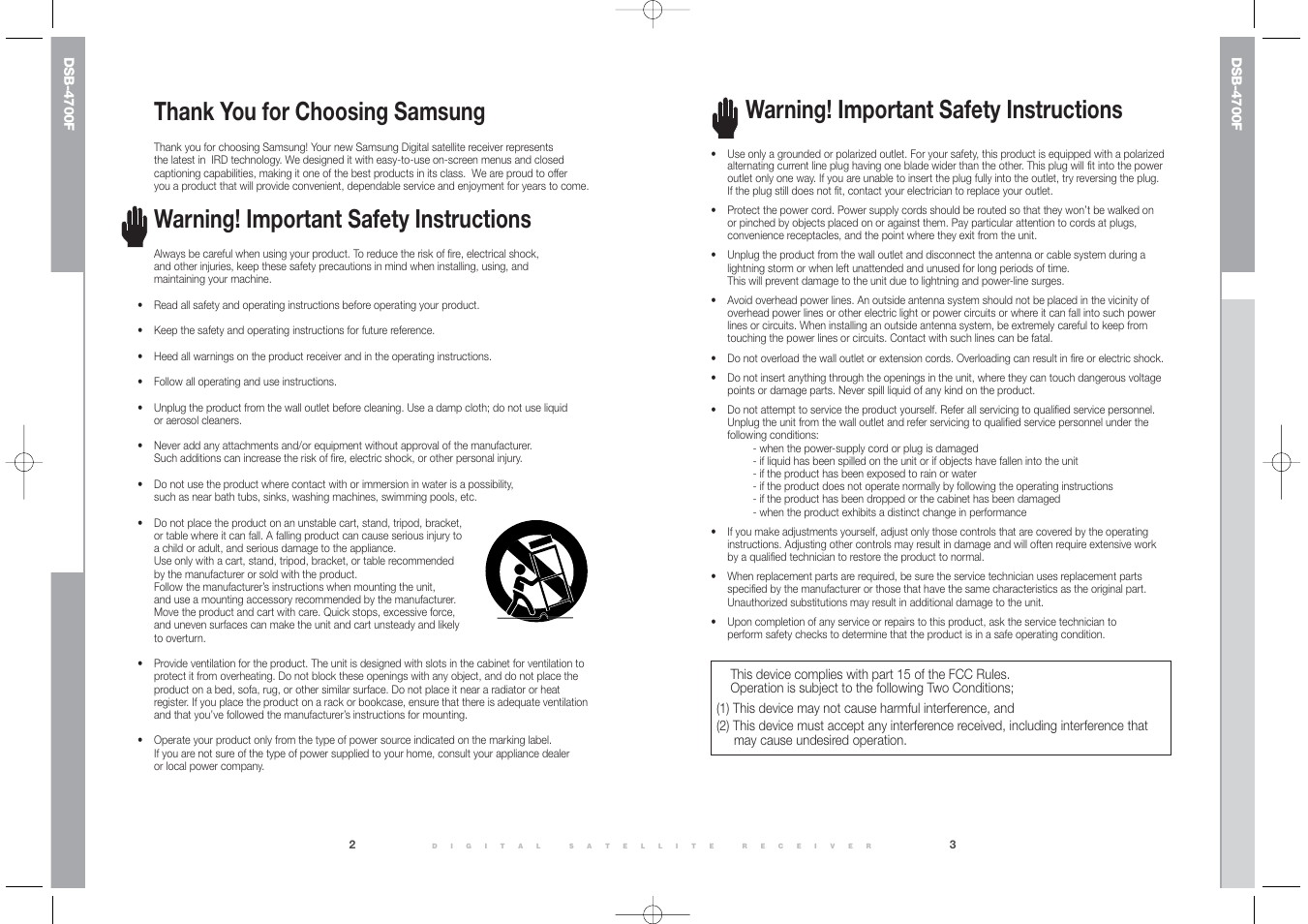Warning! important safety instructions | Samsung DSB-4700F User Manual | Page 3 / 22