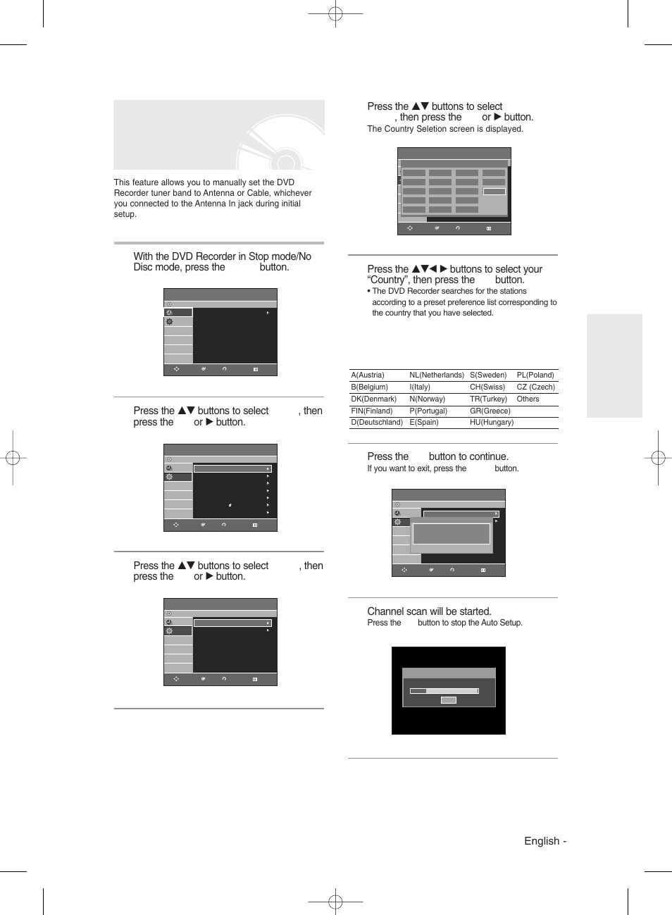 Presetting channels with the auto setup function, English, Press the ok button to continue | Channel scan will be started, System setup | Samsung DVD-R130 User Manual | Page 27 / 93