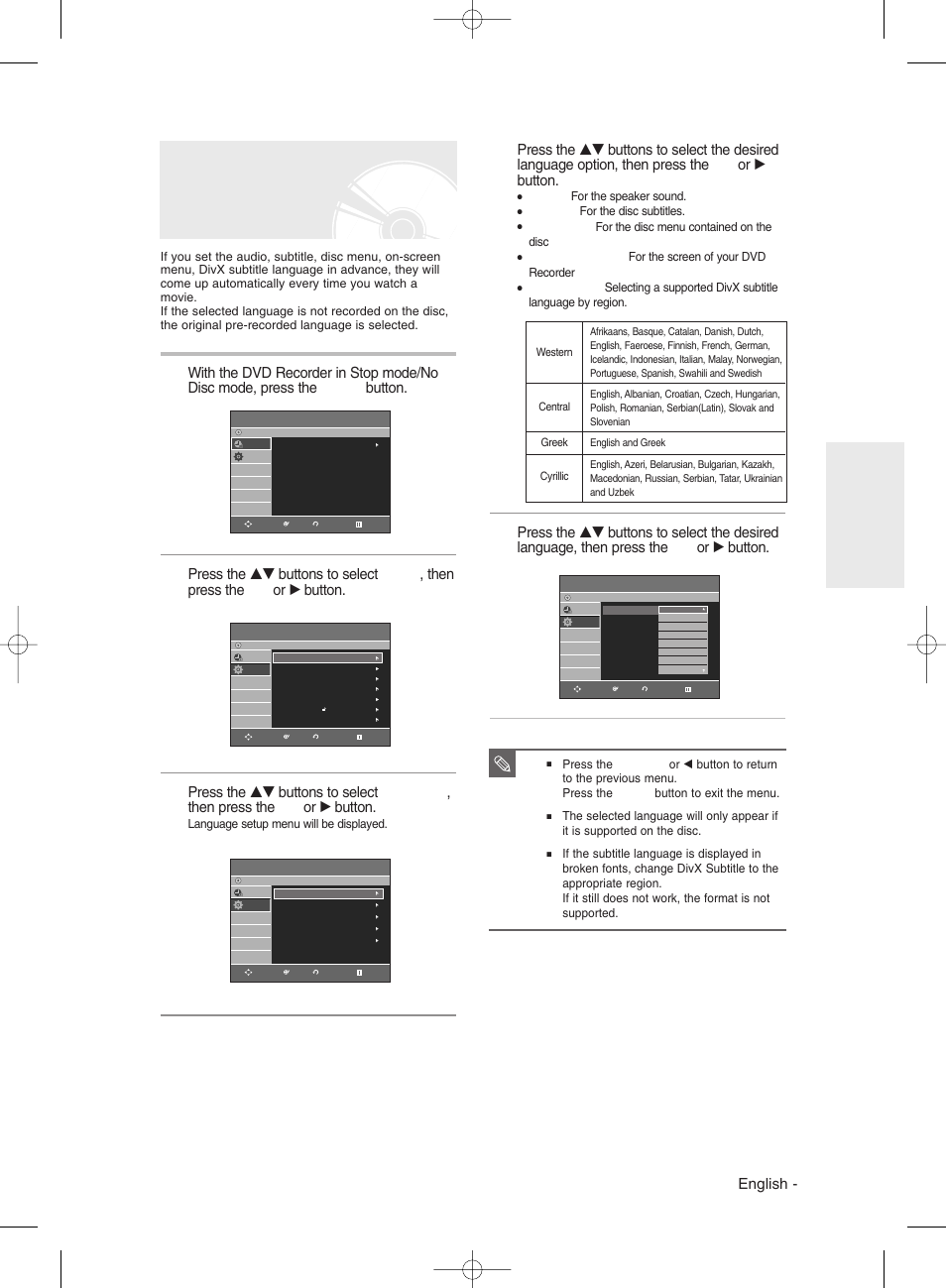 Setting up the language options, English, System setup | Samsung DVD-R130 User Manual | Page 29 / 93