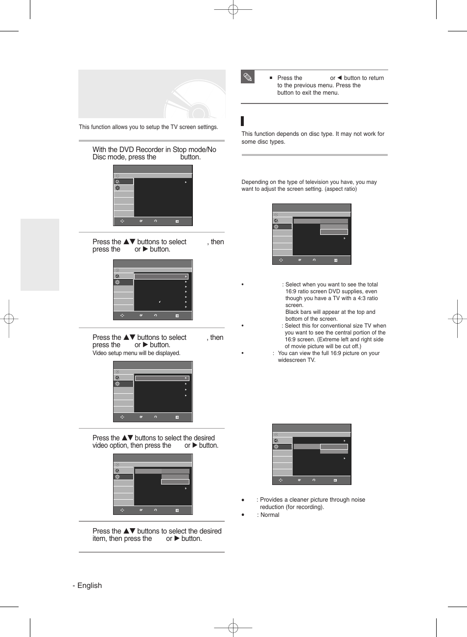 Setting up the display(video) options, Display(video) options, English | System setup, Video setup menu will be displayed, Off : normal | Samsung DVD-R130 User Manual | Page 36 / 93