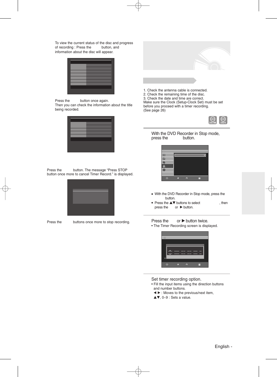 Making a timer recording, English, Press the ok or √ button twice | Set timer recording option | Samsung DVD-R130 User Manual | Page 45 / 93