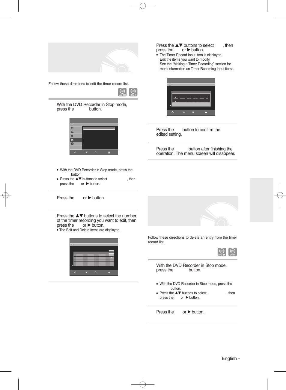 Editing the scheduled record list, Deleting the scheduled record list, English | Press the ok or √ button, Press the ok button to confirm the edited setting | Samsung DVD-R130 User Manual | Page 47 / 93