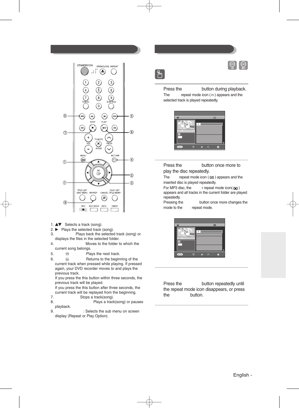 Playing repeatedly(repeat playback), English, Press the repeat button during playback | Samsung DVD-R130 User Manual | Page 61 / 93