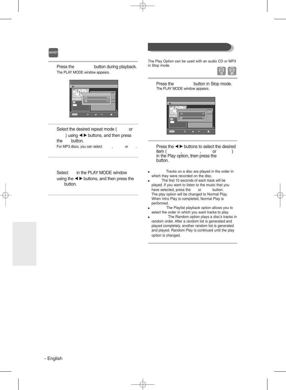 Using the, Using the anykey anykey button button, Play option mode | English, Press the anykey button during playback, Press the anykey button in stop mode | Samsung DVD-R130 User Manual | Page 62 / 93