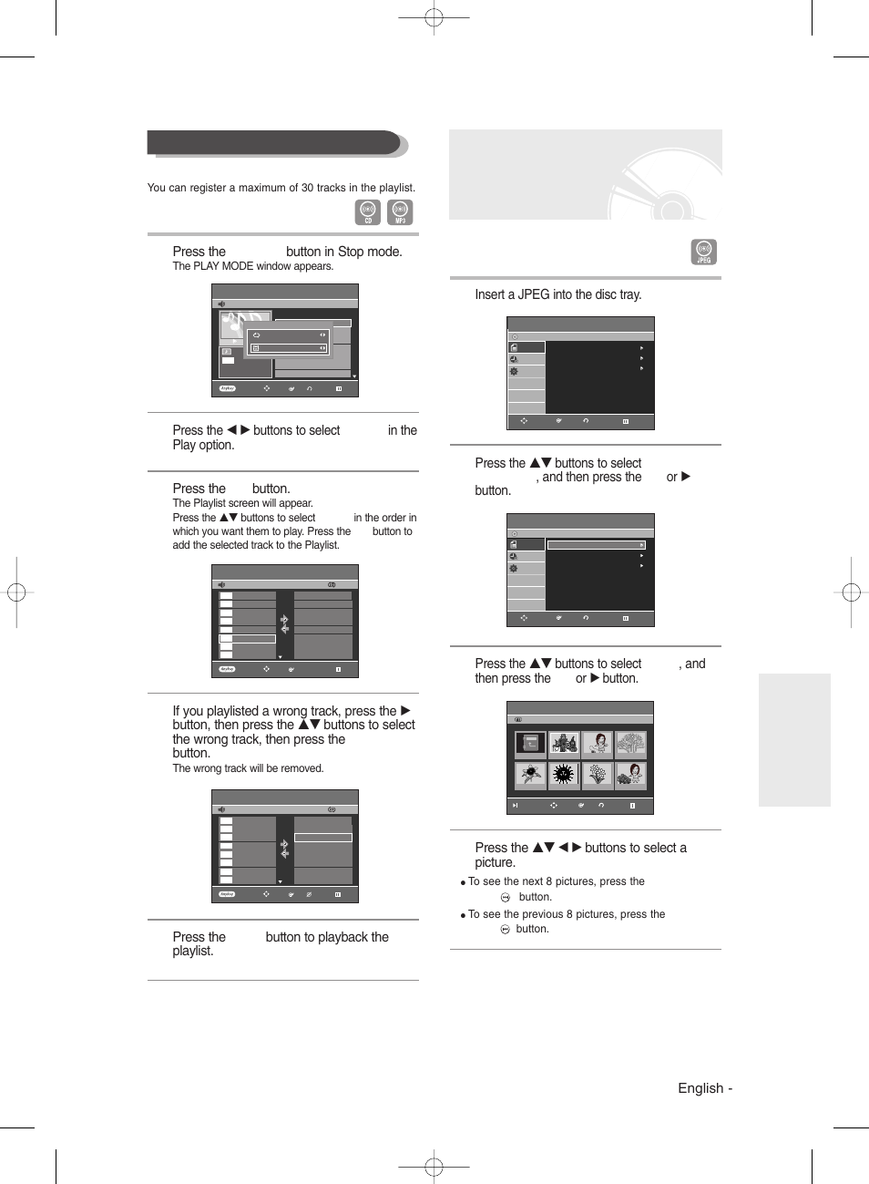 Playing a picture, Press the anykey button in stop mode, Press the ok button | Insert a jpeg into the disc tray, Press the …† œ √ buttons to select a picture, Playback | Samsung DVD-R130 User Manual | Page 63 / 93