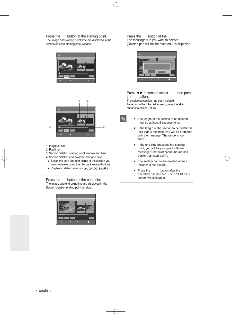 English, Press the ok button at the starting point, Press the ok button at the end point | Press the ok button at the delete, Editing, Edit title list screen elements | Samsung DVD-R130 User Manual | Page 72 / 93