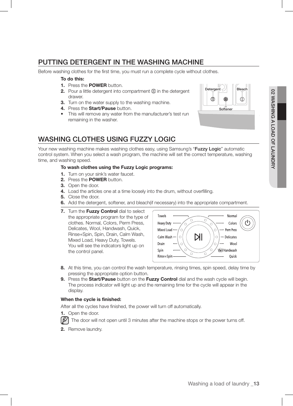 Putting detergent in the washing machine, Washing clothes using fuzzy logic | Samsung WF-J1254 User Manual | Page 13 / 48
