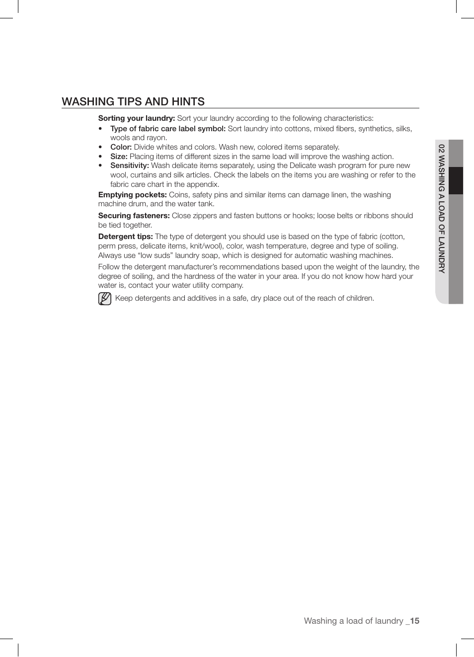 Washing tips and hints | Samsung WF-J1254 User Manual | Page 15 / 48