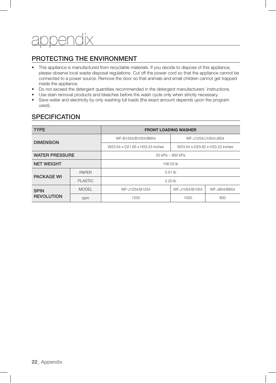 Appendix, Protecting the environment, Specification | Samsung WF-J1254 User Manual | Page 22 / 48