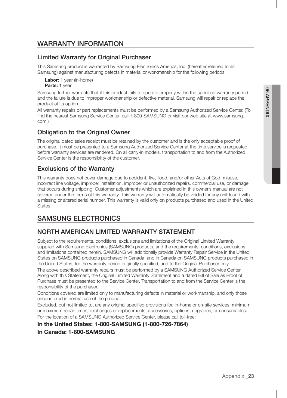 Warranty information, Samsung electronics | Samsung WF-J1254 User Manual | Page 23 / 48