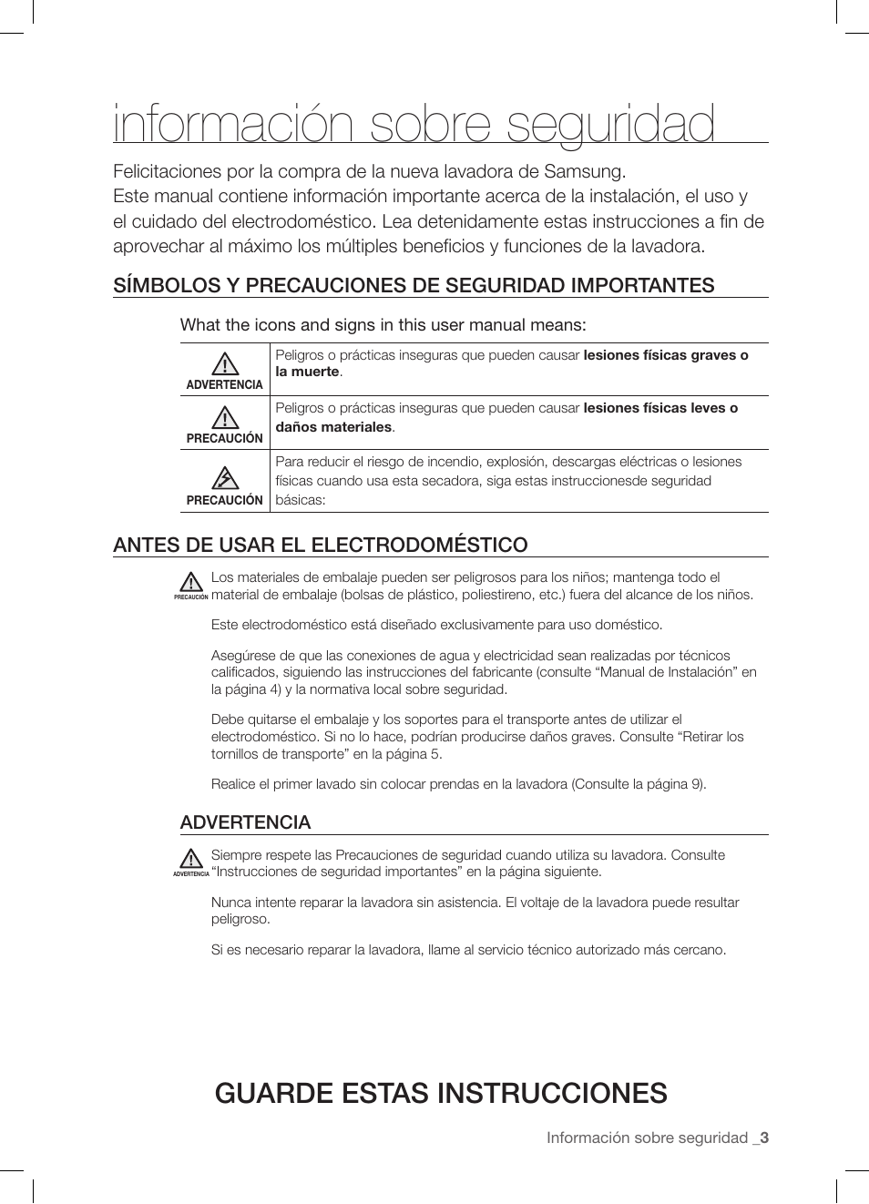 Información sobre seguridad, Guarde estas instrucciones, Símbolos y precauciones de seguridad importantes | Antes de usar el electrodoméstico | Samsung WF-J1254 User Manual | Page 27 / 48