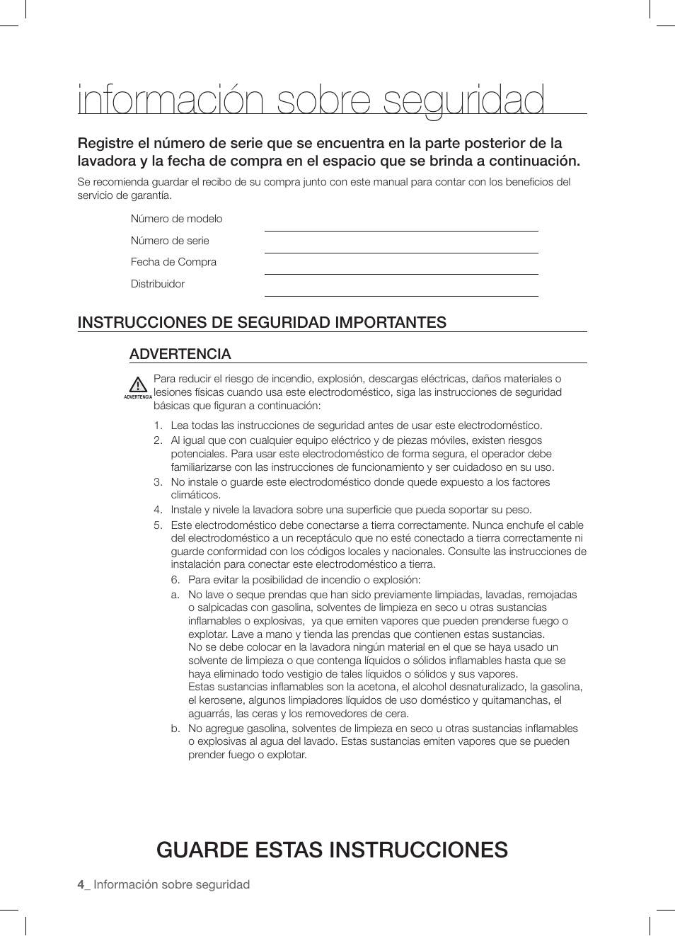 Información sobre seguridad, Guarde estas instrucciones, Instrucciones de seguridad importantes | Samsung WF-J1254 User Manual | Page 28 / 48