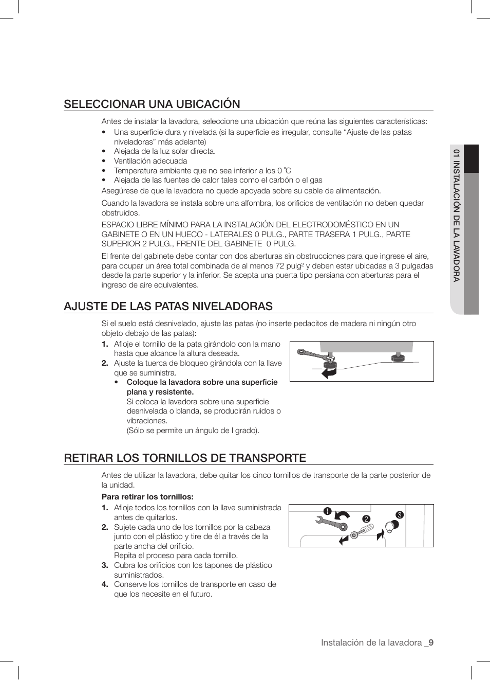 Seleccionar una ubicación, Ajuste de las patas niveladoras, Retirar los tornillos de transporte | Samsung WF-J1254 User Manual | Page 33 / 48
