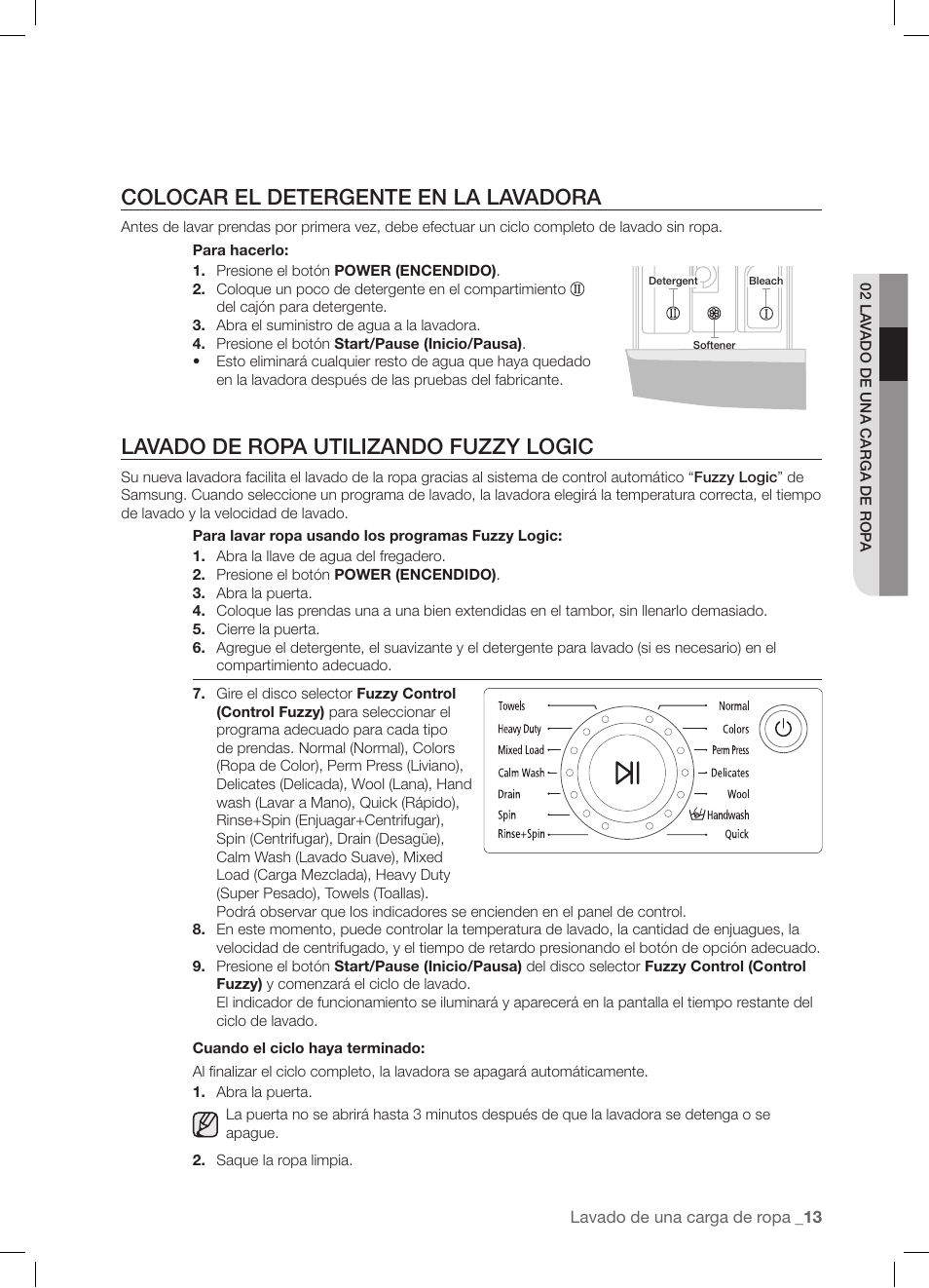 Colocar el detergente en la lavadora, Lavado de ropa utilizando fuzzy logic | Samsung WF-J1254 User Manual | Page 37 / 48