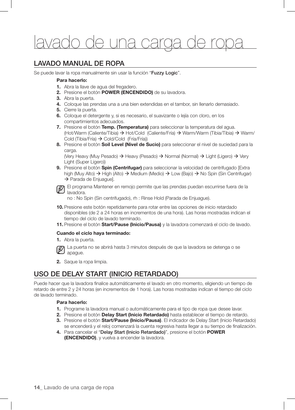 Lavado de una carga de ropa, Lavado manual de ropa, Uso de delay start (inicio retardado) | Samsung WF-J1254 User Manual | Page 38 / 48