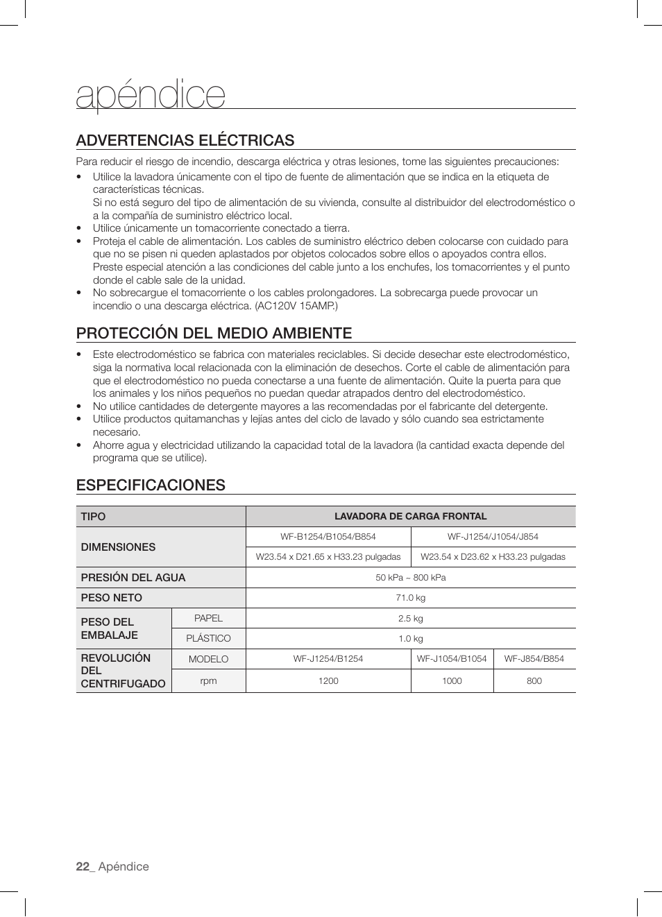 Apéndice, Advertencias eléctricas, Protección del medio ambiente | Especificaciones | Samsung WF-J1254 User Manual | Page 46 / 48