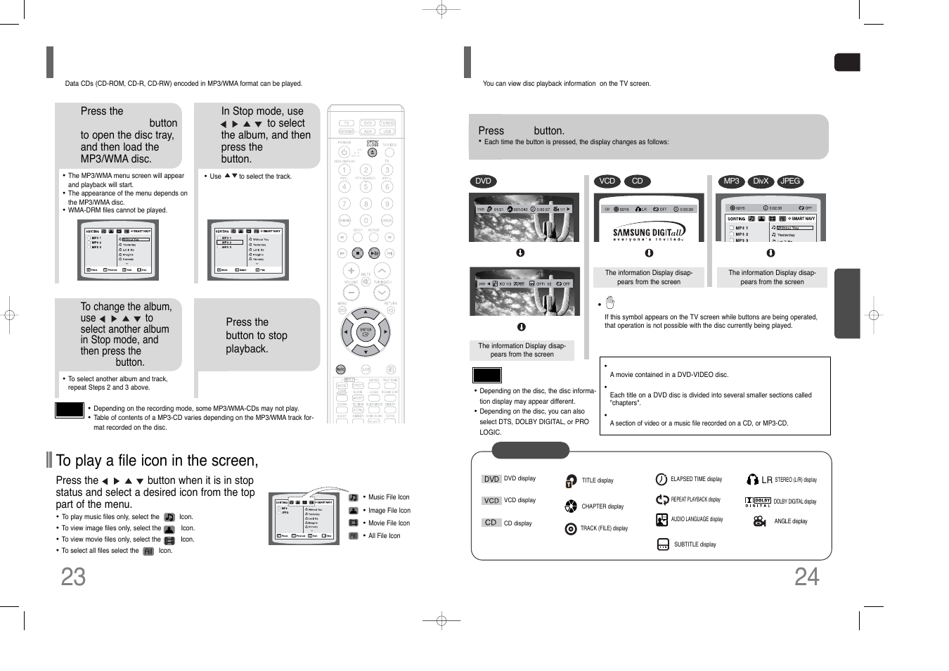Mp3/wma-cd playback, Displaying disc information | Samsung HT-THQ25 User Manual | Page 13 / 39