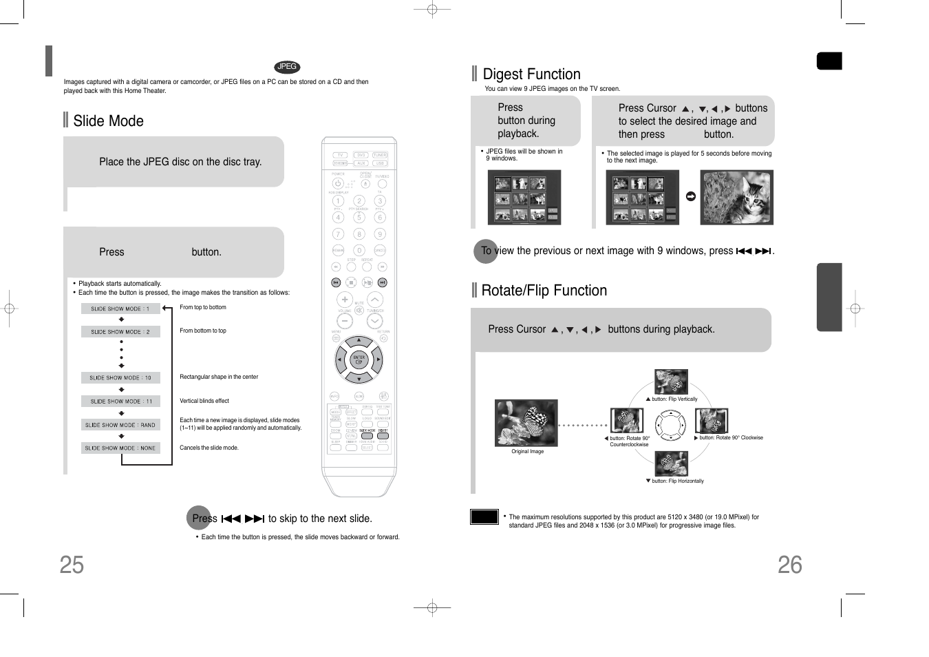 Jpeg file playback, Rotate/flip function, Digest function | Slide mode | Samsung HT-THQ25 User Manual | Page 14 / 39