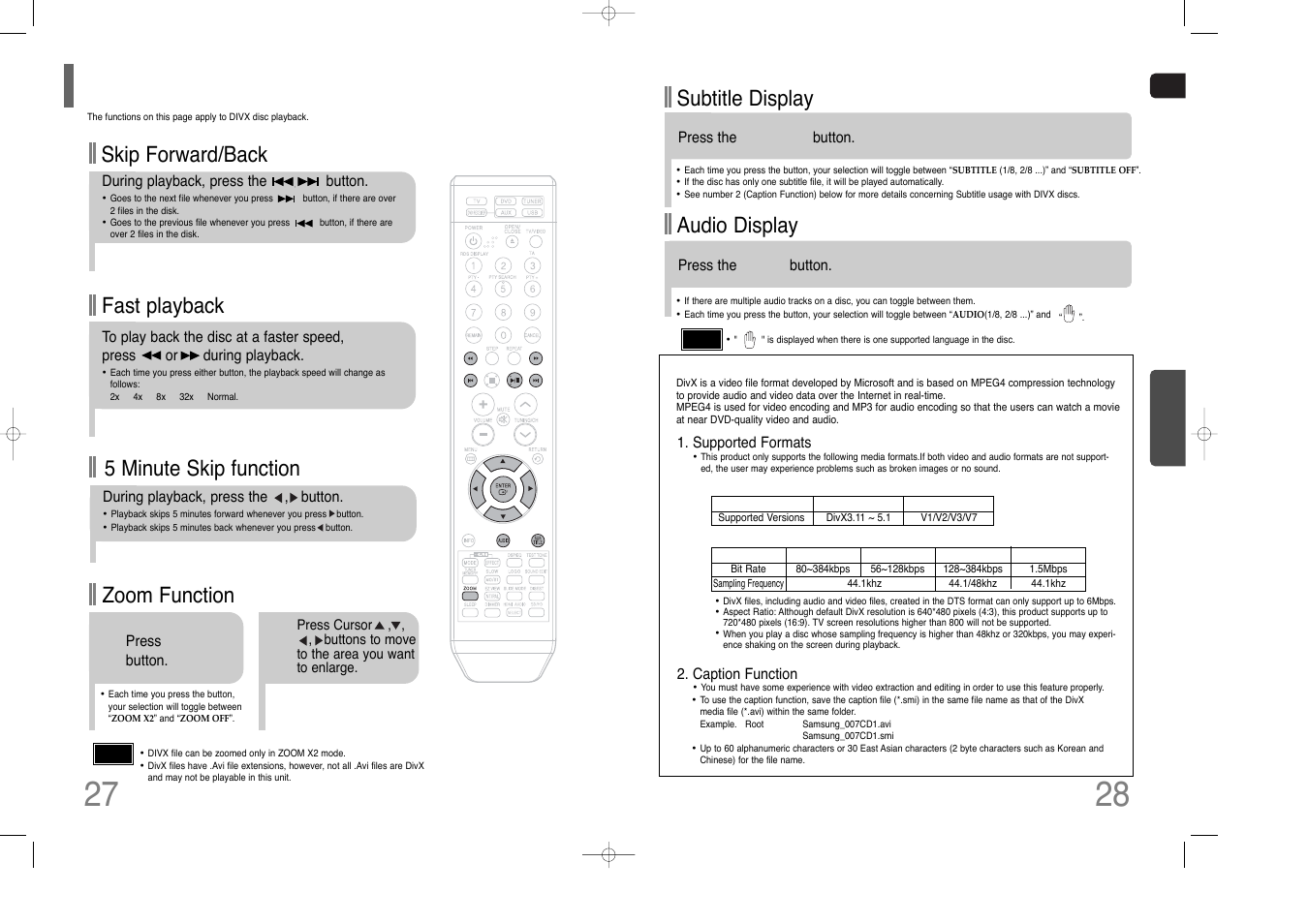 Divx playback, Fast playback, Skip forward/back | Zoom function, 5 minute skip function, Subtitle display, Audio display | Samsung HT-THQ25 User Manual | Page 15 / 39