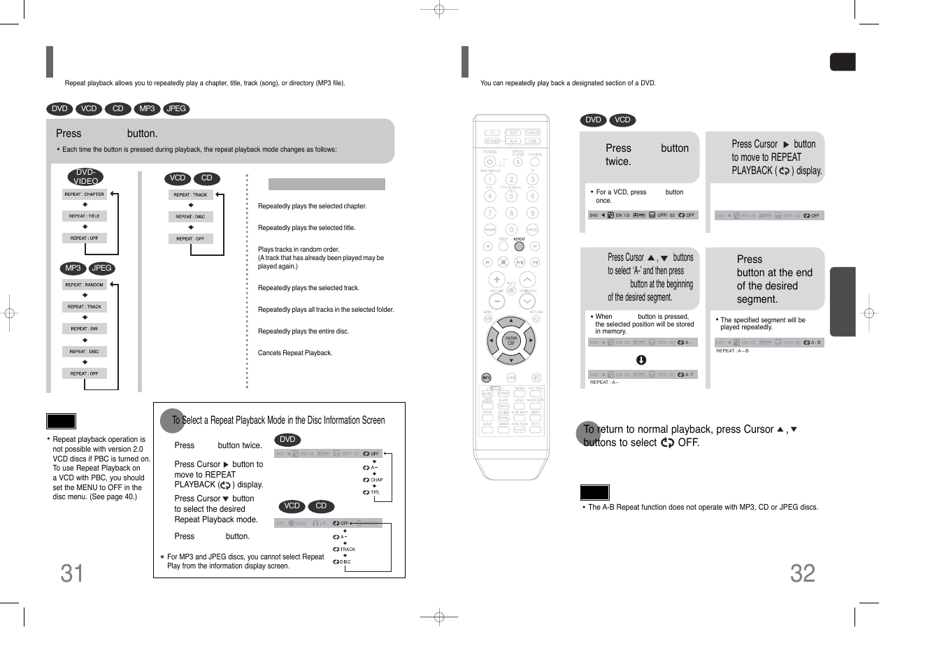 Repeat playback, A-b repeat playback, Repeat playback a-b repeat playback | Samsung HT-THQ25 User Manual | Page 17 / 39