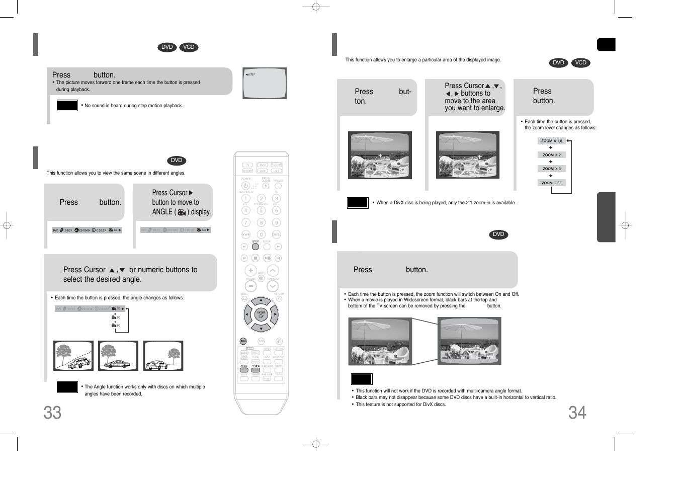 Step function, Angle function, Zoom (screen enlarge) function | Ez view function, Zoom (screen enlarge) function ez view function | Samsung HT-THQ25 User Manual | Page 18 / 39