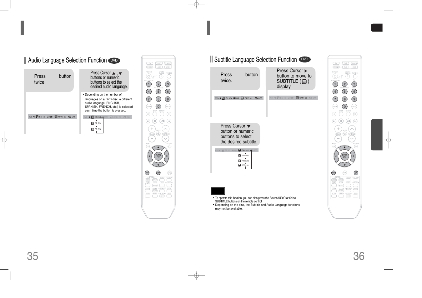 Selecting audio language, Selecting subtitle language | Samsung HT-THQ25 User Manual | Page 19 / 39