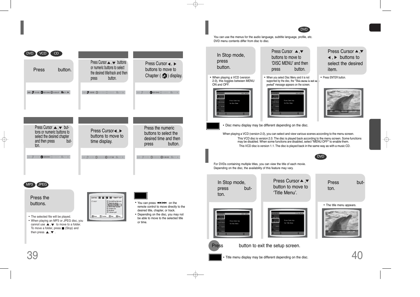 Moving directly to a scene/song, Using disc menu, Using the title menu | Samsung HT-THQ25 User Manual | Page 21 / 39