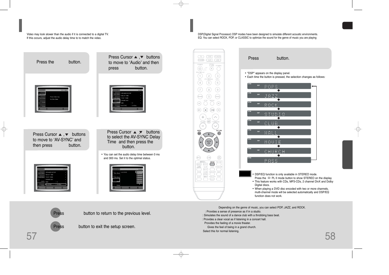 Av sync setup, Sound field (dsp)/eq function, Av sync setup 57 | Samsung HT-THQ25 User Manual | Page 30 / 39