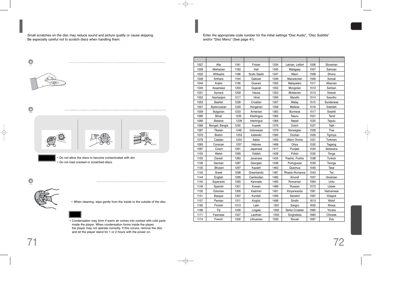 Cautions on handling and storing discs, Language code list, Language code list 71 | Samsung HT-THQ25 User Manual | Page 37 / 39
