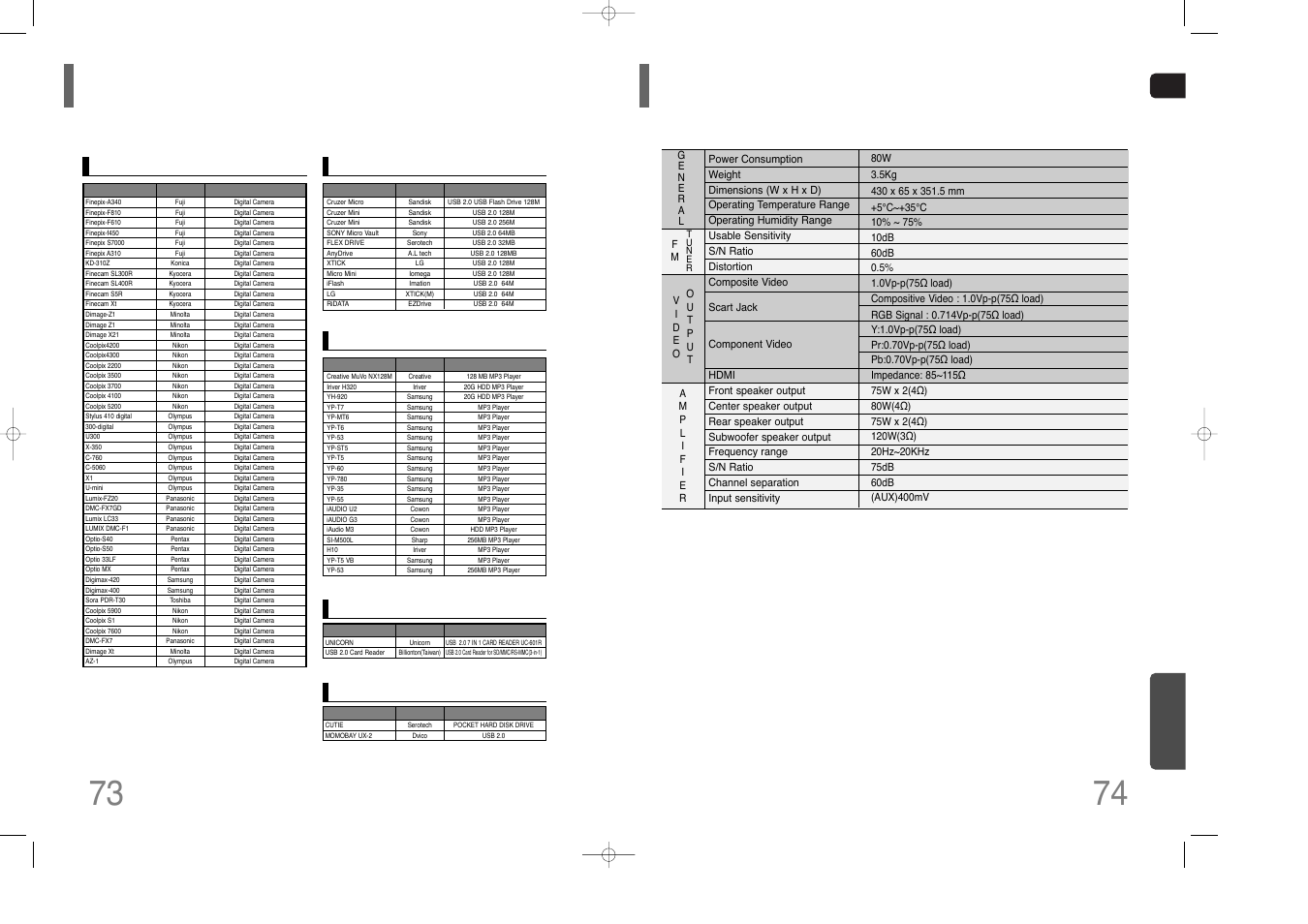 Usb host feature supported products, Specifications, 73 specifications | Miscellaneous | Samsung HT-THQ25 User Manual | Page 38 / 39