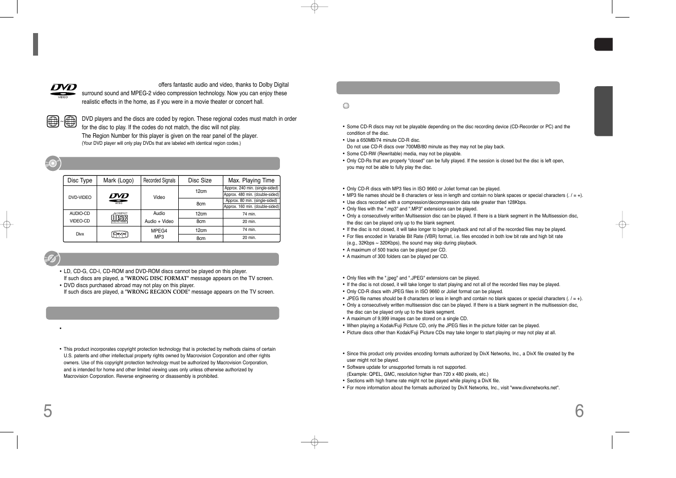 Notes on discs, Disc recording format, Do not use the following types of disc | Playable discs | Samsung HT-THQ25 User Manual | Page 4 / 39