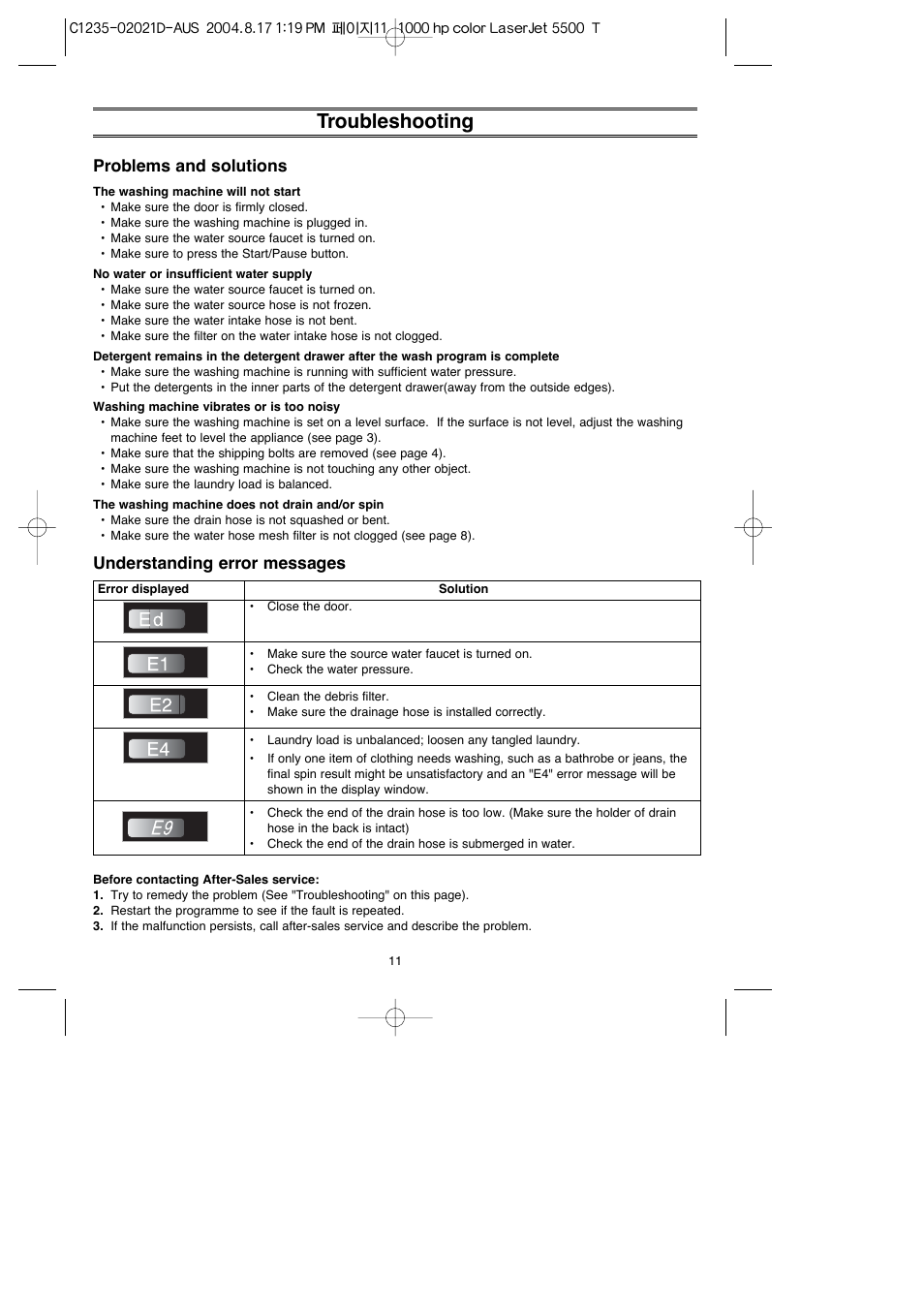 Troubleshooting, Problems and solutions, Understanding error messages | Samsung C835 User Manual | Page 11 / 14