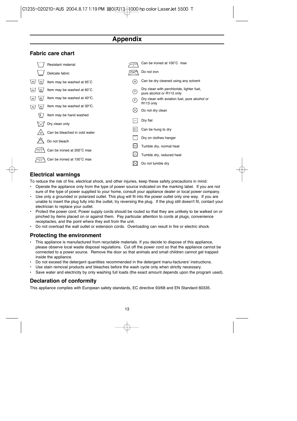 Appendix, Fabric care chart electrical warnings, Protecting the environment | Declaration of conformity | Samsung C835 User Manual | Page 13 / 14