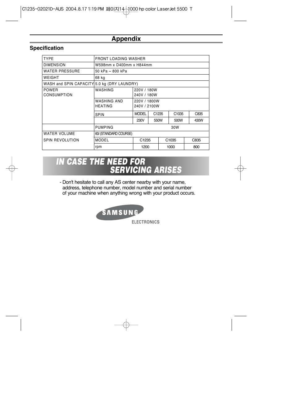 Appendix, Specification | Samsung C835 User Manual | Page 14 / 14