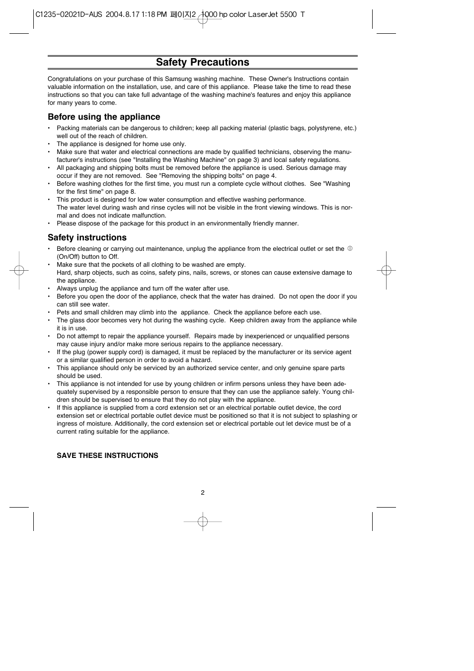 Safety precautions, Before using the appliance, Safety instructions | Samsung C835 User Manual | Page 2 / 14