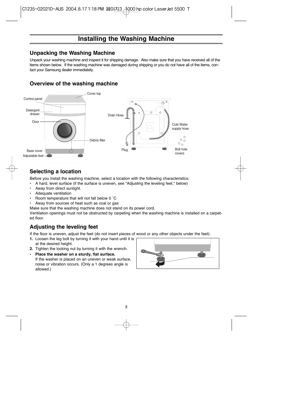 Installing the washing machine, Unpacking the washing machine, Adjusting the leveling feet | Samsung C835 User Manual | Page 3 / 14