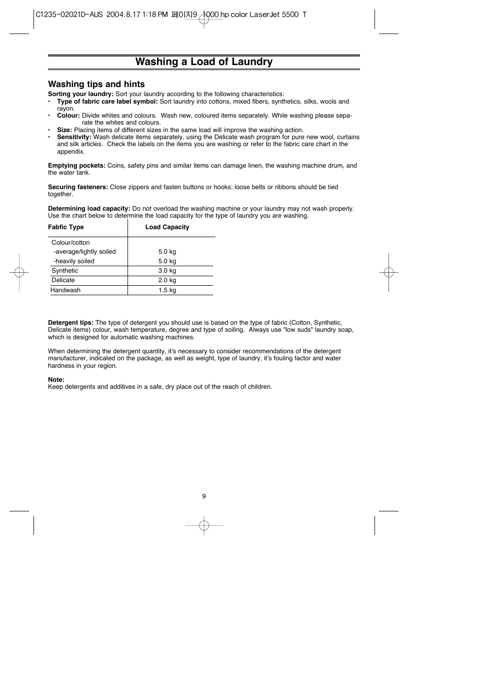 Washing a load of laundry, Washing tips and hints | Samsung C835 User Manual | Page 9 / 14