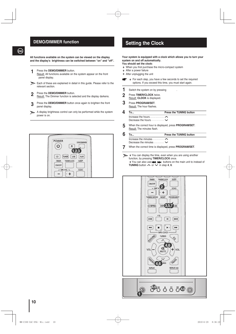 Demo/dimmer function, Setting the clock | Samsung MM-C330 User Manual | Page 10 / 27